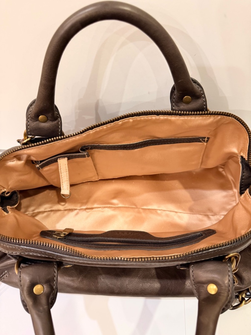 Luana Italian Leather Satchel Dark Olive Brown Chain Strap Top Handle - Picture 10 of 13